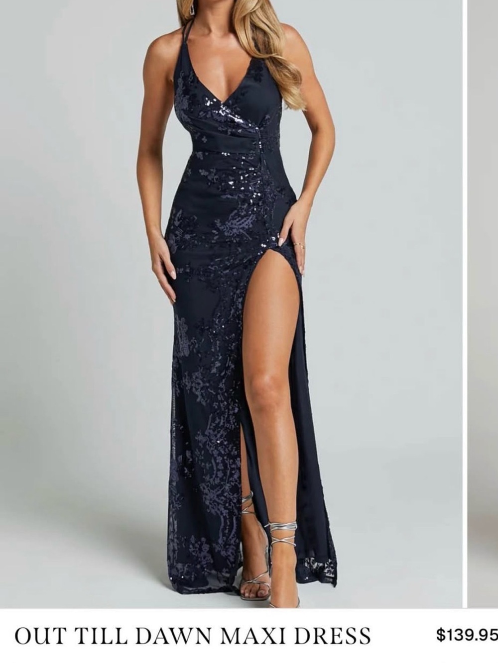 Showpo Navy Sequin Halter Gown long dress with High Thigh Slit